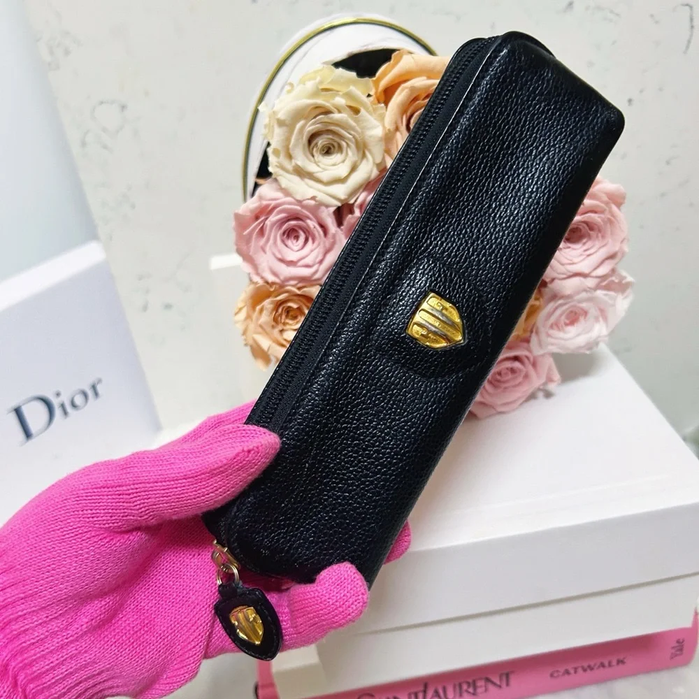 Authentic Escada RARE Vintage Black Leather Cosmetic / Pencil Bag